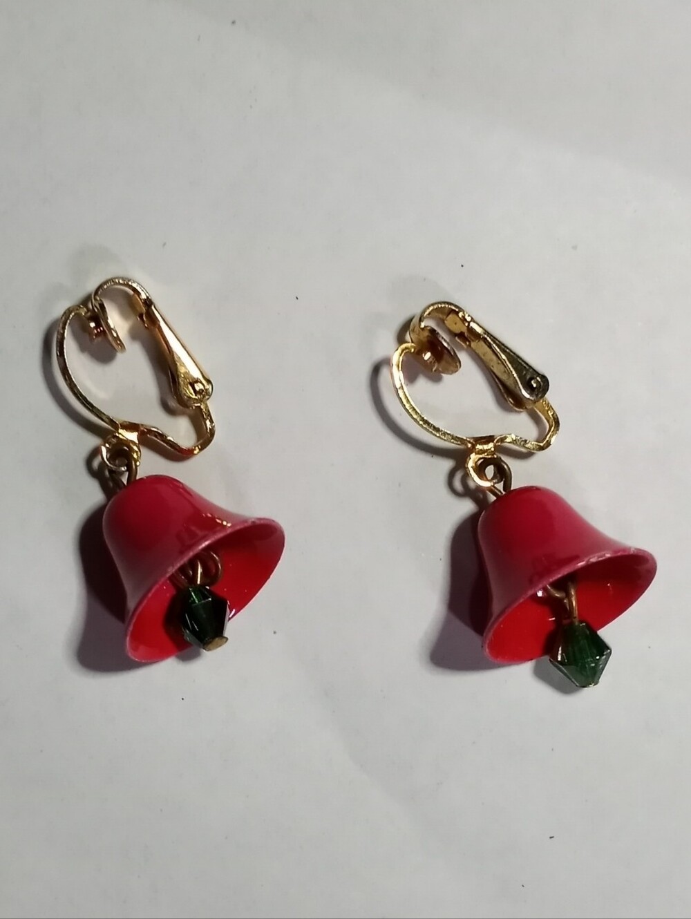 Gold-Tone Red Bell Clip-On Earrings with Green Accent